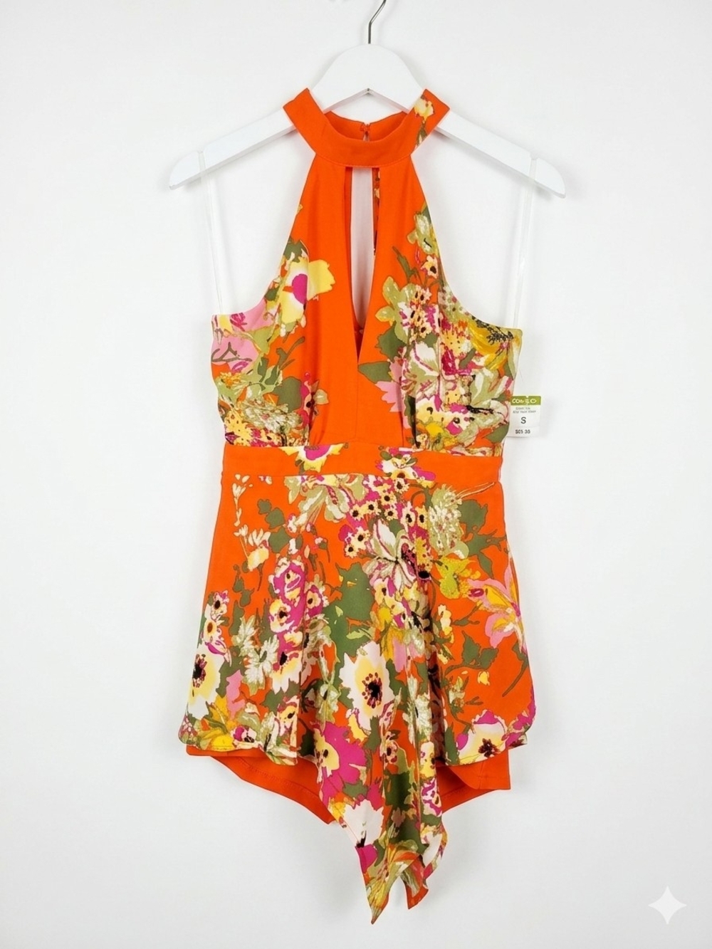 Orange Floral Halter Romper with Keyhole Neckline